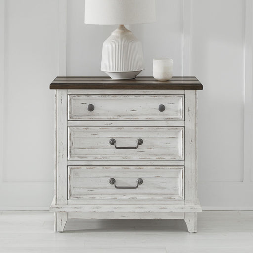 River Place 3 Drawer Nightstand with Charging Station in Riverstone White and Tobacco image