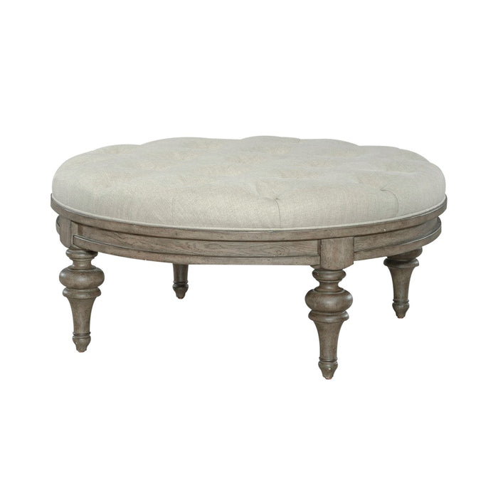 Americana Farmhouse Round Cocktail Ottoman in Dusty Taupe