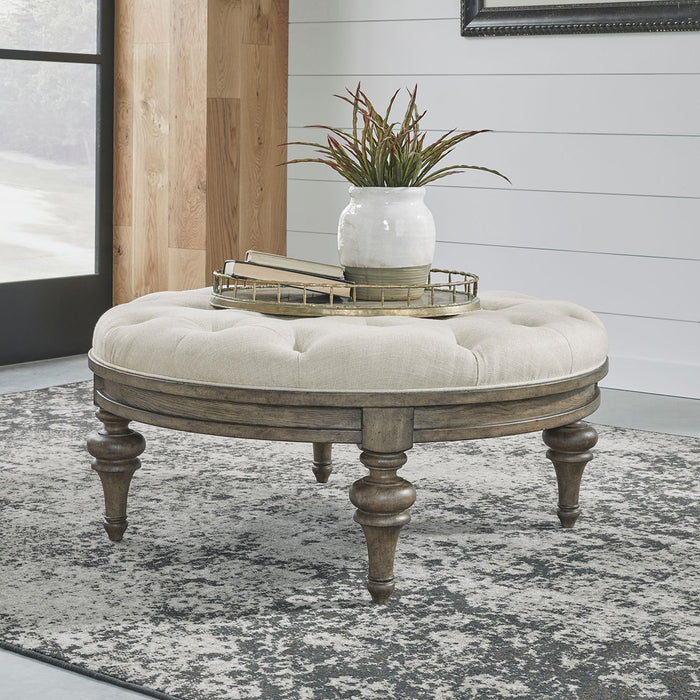 Liberty Furniture Americana Farmhouse Round Cocktail Ottoman in Dusty Taupe image