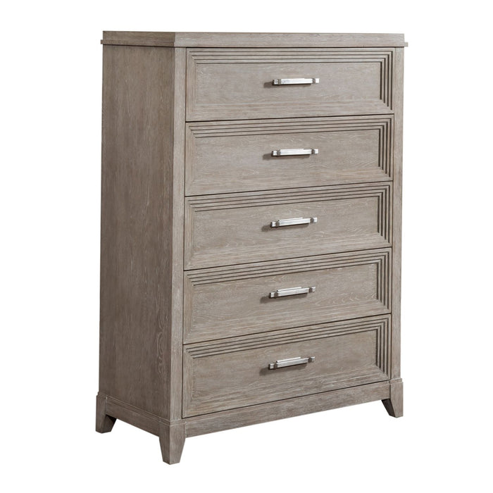 Belmar 5 Drawer Chest in Washed Taupe and Silver Champagne