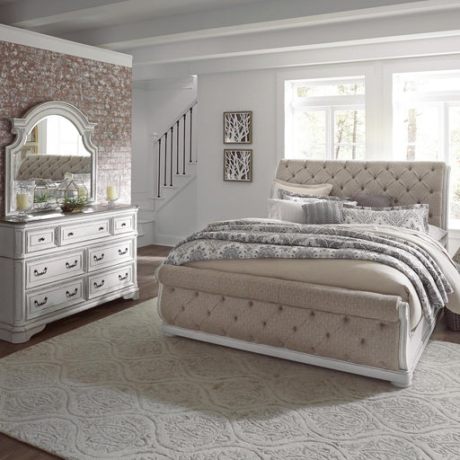 Magnolia Manor King California Upholstered Sleigh Bed, Dresser & Mirror image
