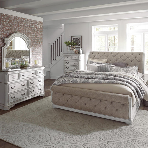 Magnolia Manor King California Upholstered Sleigh Bed, Dresser & Mirror, Chest image