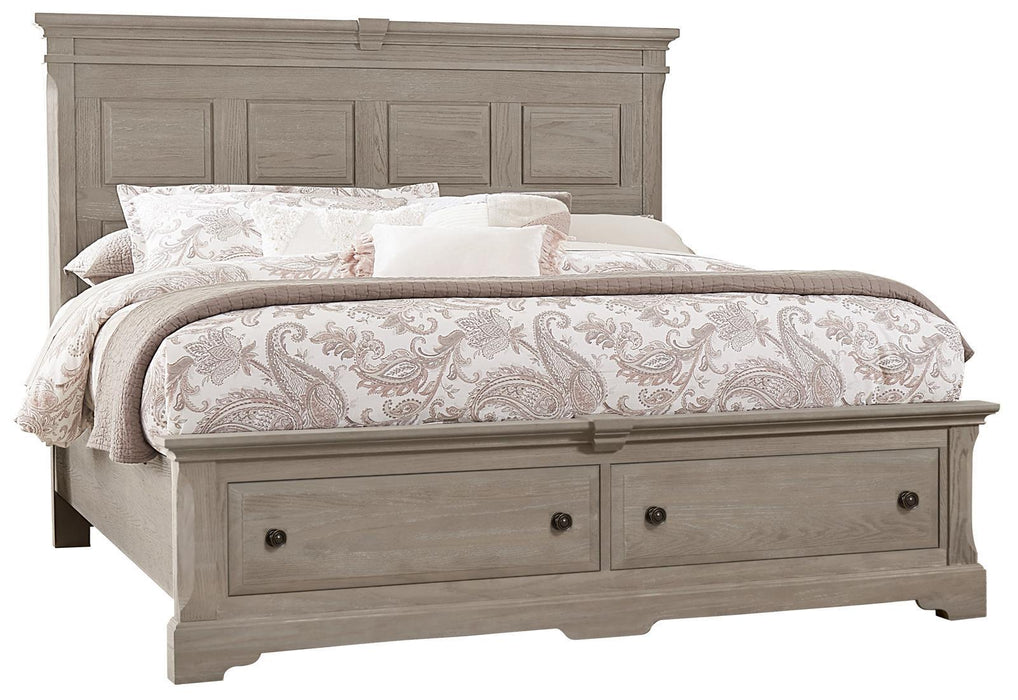 Vaughan-Bassett Heritage Queen Mansion Bed with Storage Footboard in Greystone