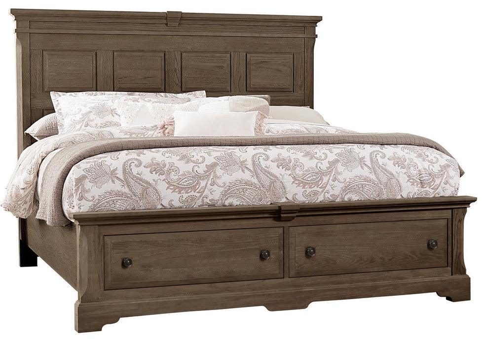 Vaughan-Bassett Heritage Queen Mansion Bed with Storage Footboard in Cobblestone Oak